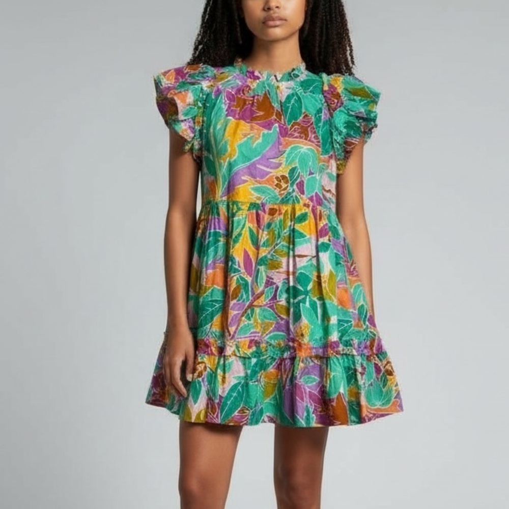 HOUSE OF HARLOW 1960 Tropical Print Ruffled Dress